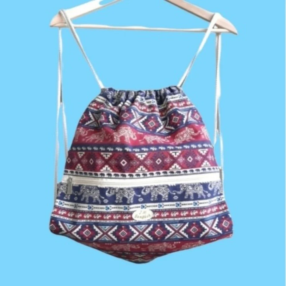 J.M. Bangkok Canvas Backpack Drawstring Gym Bag Ethnic Bohemian w/zip Pocket
